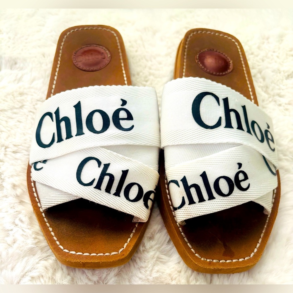 Chloé White Logo Crisscross Slide Sandals